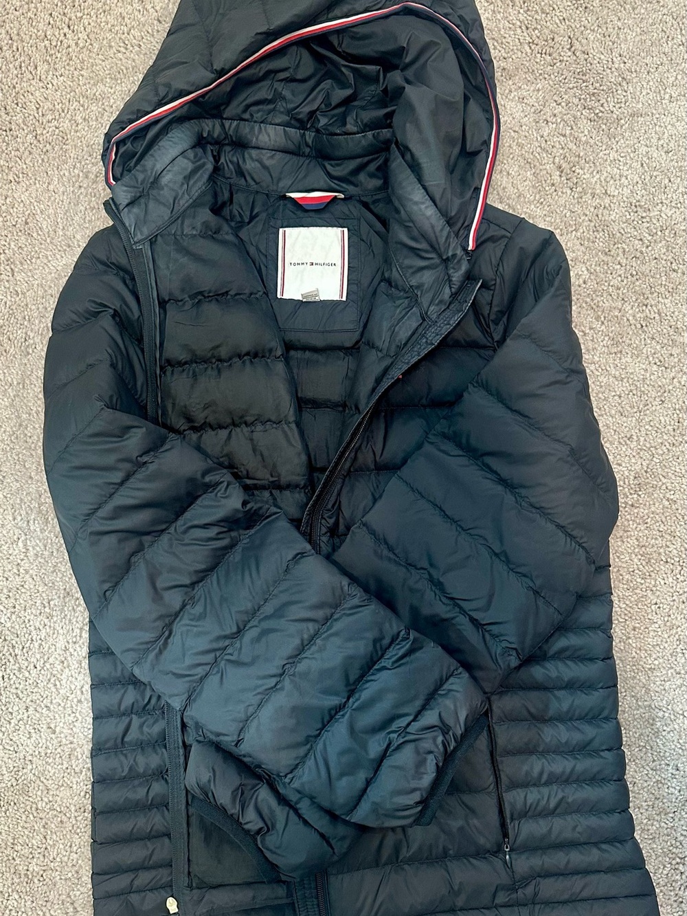 Tommy Hilfiger Black Quilted Hooded Puffer Jacket with Red-Trim Hood